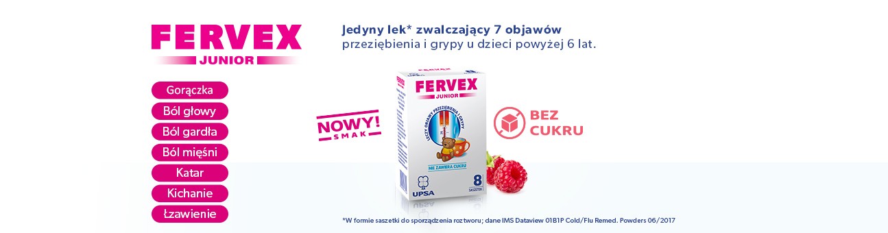 Fervex Junior - Jedyny lek zwalczający 7 objawów przeziębienia i grypy u dzieci powyżej 6 lat.